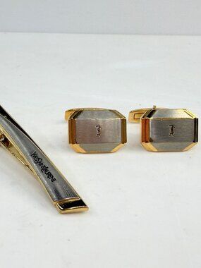 Vintage YSL Two Tone Rectangular Cufflinks Tie Bar Set SS325